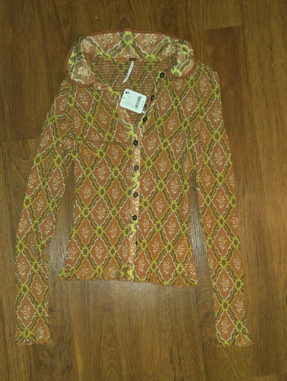 Free People Rust & Olive Button-Front Geometric Long Sleeved Shirt